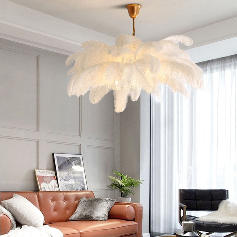 Skandinavische Straußenfeder-LED-Hängelampe für Wohnzimmer, Schlafzimmer & Innendekoration, Pendelleuchten für eine Fläche von 5-20m², Farbe Gelb - Unique Outlet