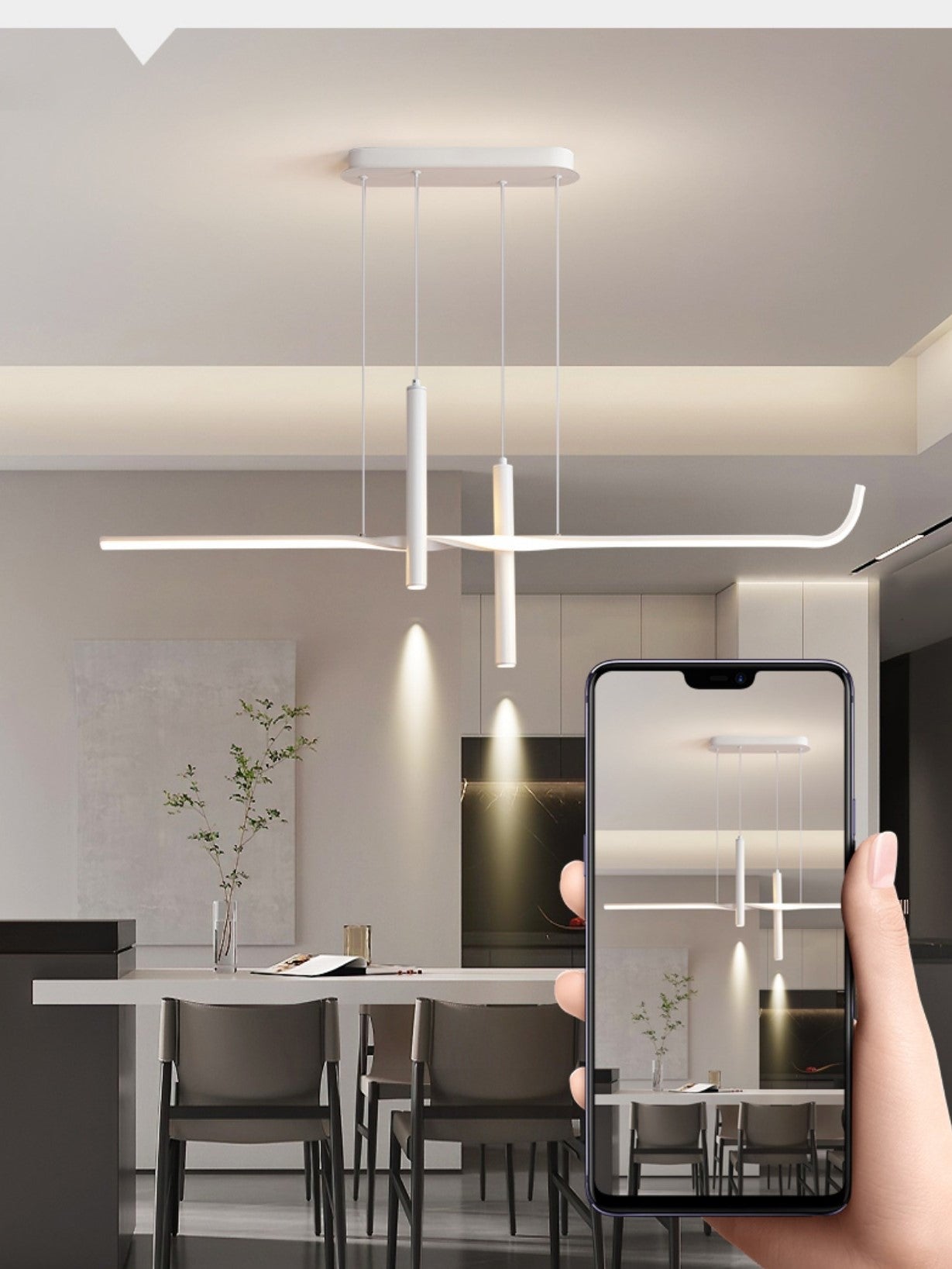 Moderne Pendelleuchten, Einfacher langer Streifen-Kronleuchter mit LED-Spotlights für Esszimmer und Wohnbereiche - Unique Outlet