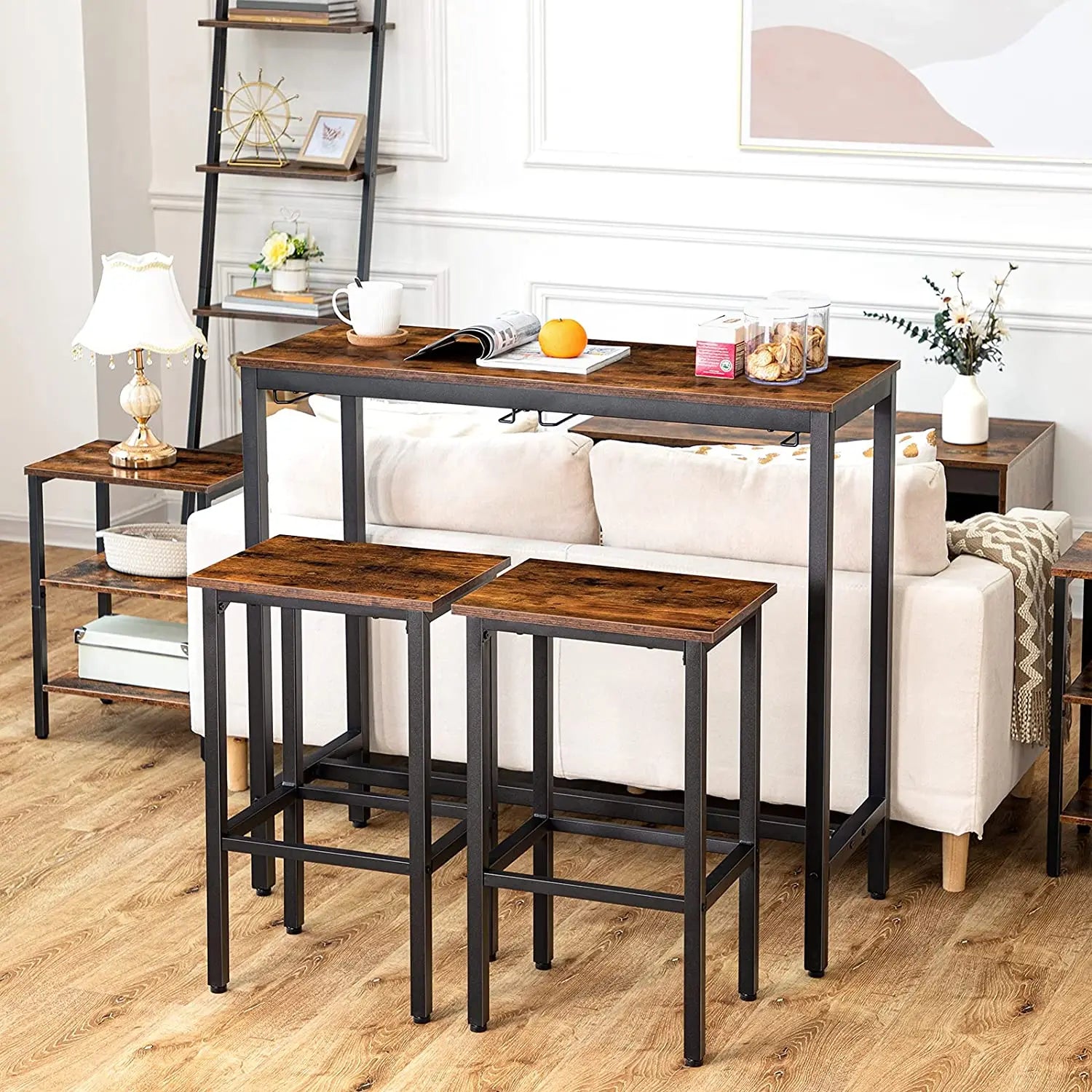 Klassisches Bartisch-Set mit Barhockern, 100 cm Rechteckiger Hängetisch, 3-Teilig für Wohnzimmer und Küche in Rustikalem Braun - Unique Outlet