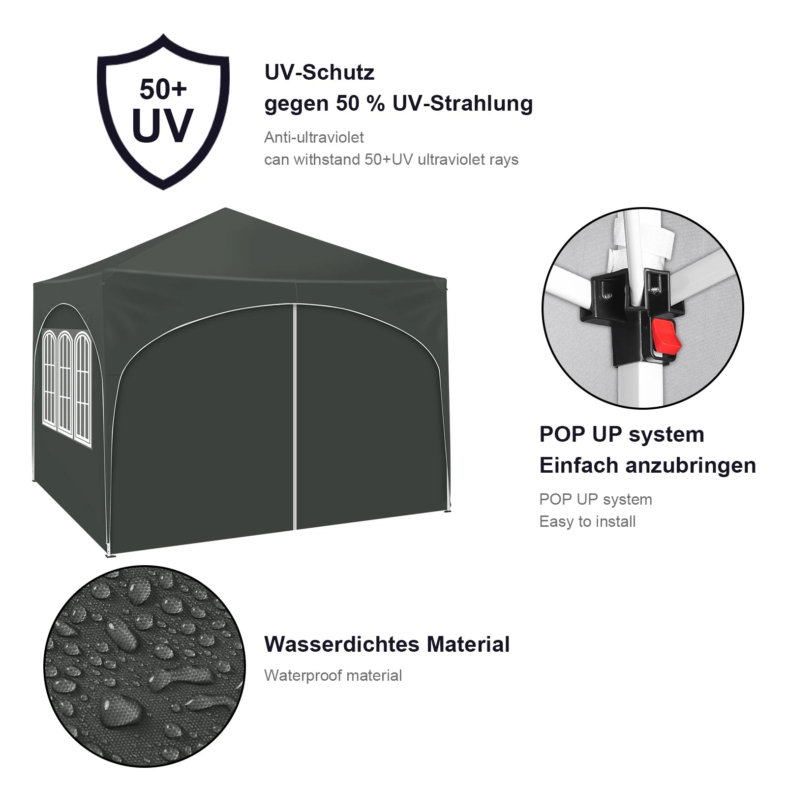 Faltbarer Pavillon mit 4 Seitenwänden 3x3m - Partyzelt mit Wasserabweisendem UV-Schutz, Höhenverstellbar für Garten, Camping, Picknick - Unique Outlet