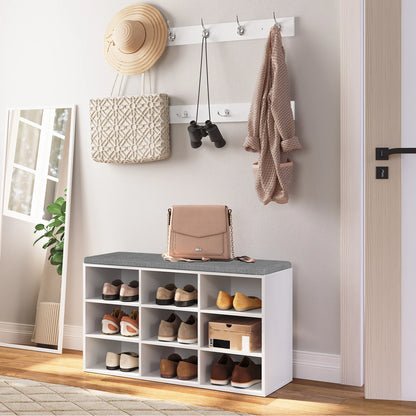 Moderner Garderobenschuhregal-Set mit Gepolsterter Sitzbank und Wandgarderobe, 9 Fächer & Haken, in Weiß - Unique Outlet
