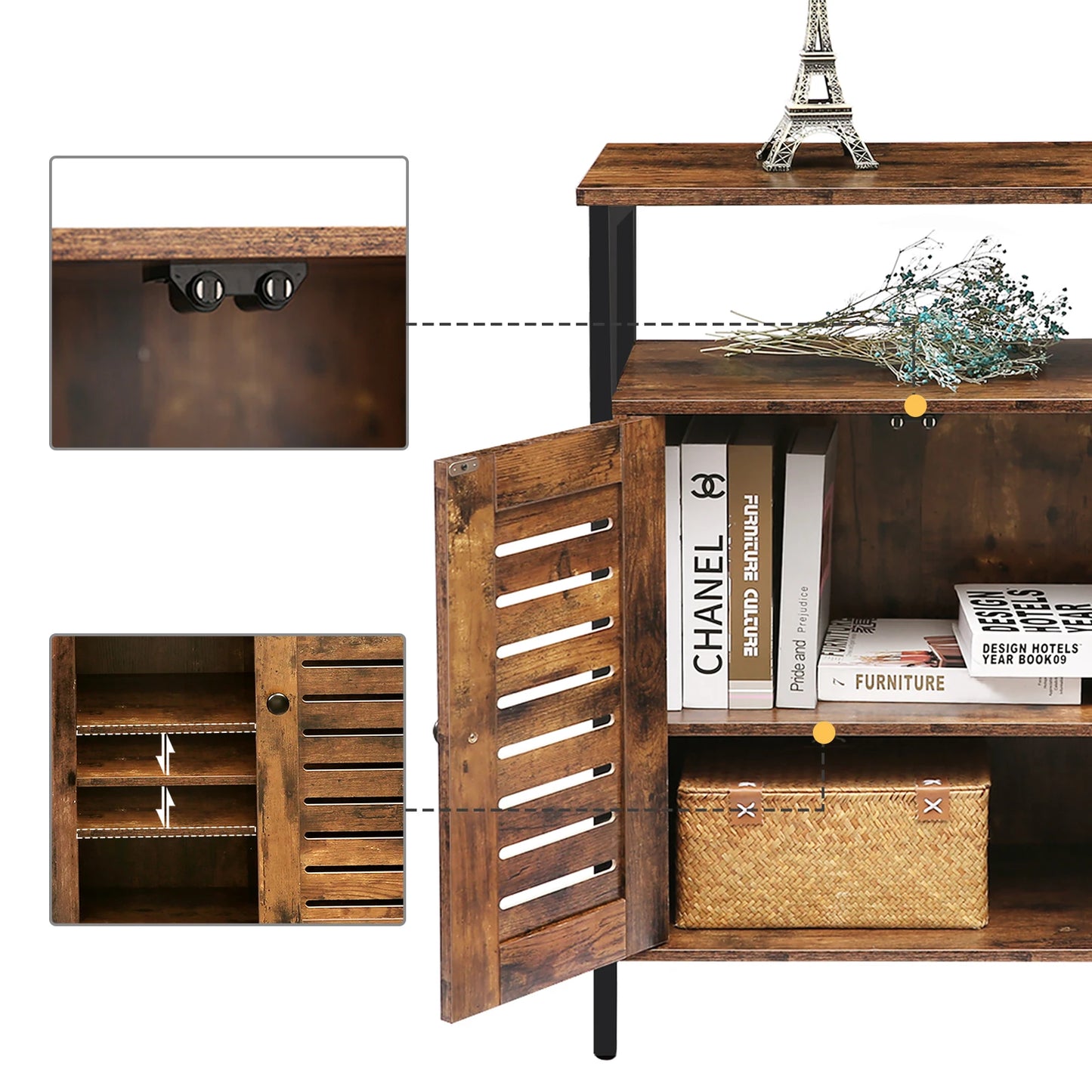 Moderner Sideboard-Kommode mit 1 Offenem Regal, Schubladen und Schrank, Vielseitige Aufbewahrung für Küche, Flur und Wohnzimmer in Dunkelbraun - Unique Outlet
