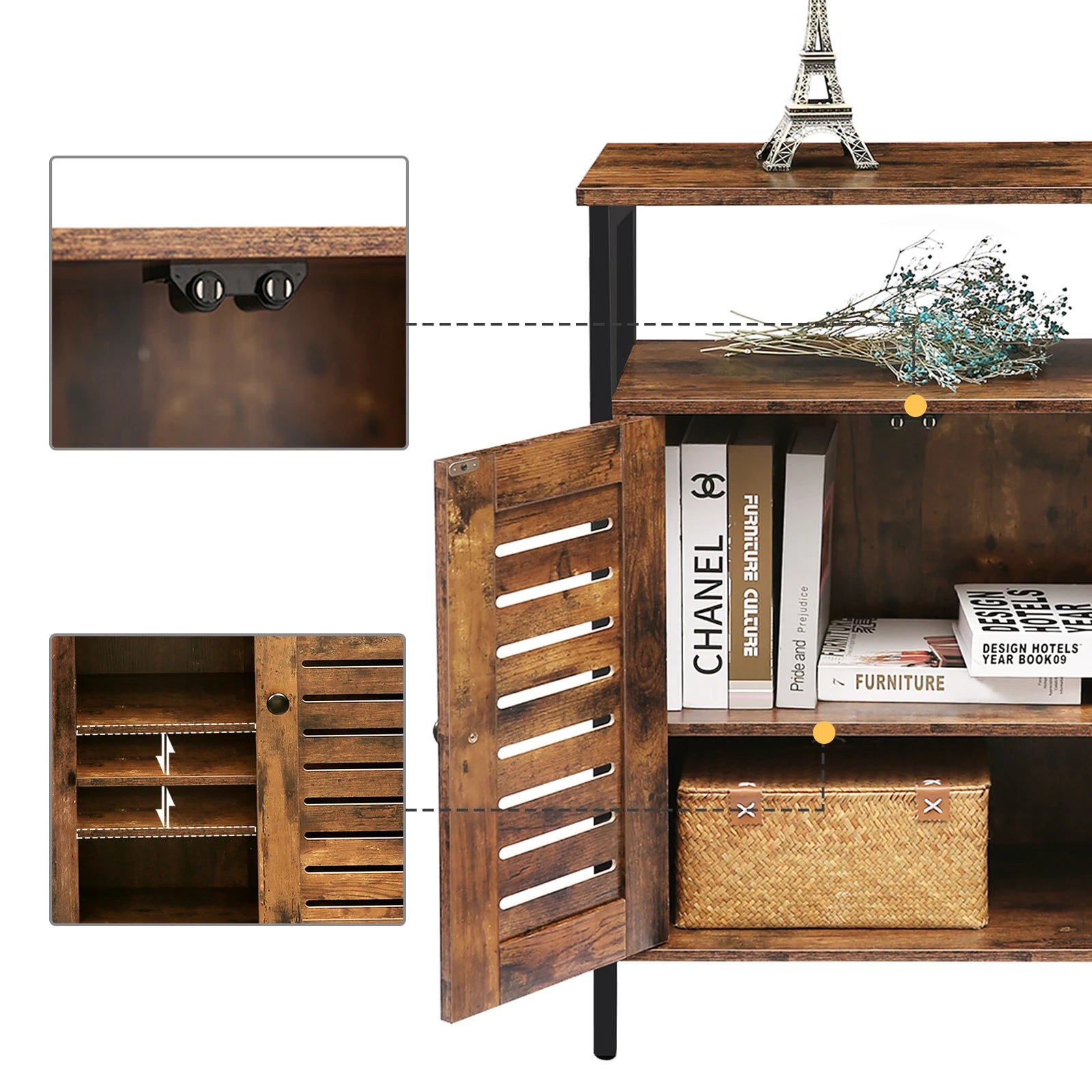 Moderner Sideboard-Kommode mit 1 Offenem Regal, Schubladen und Schrank, Vielseitige Aufbewahrung für Küche, Flur und Wohnzimmer in Dunkelbraun - Unique Outlet