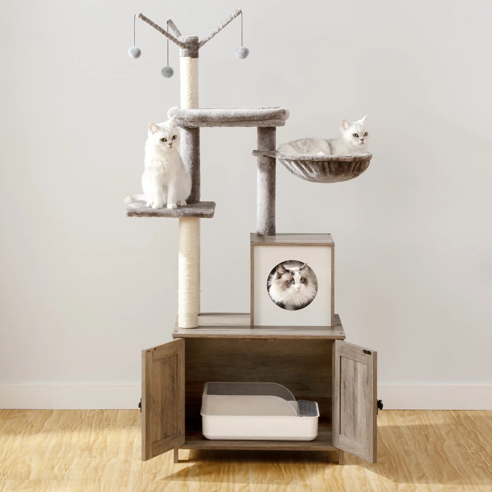 Luxuriöser Katzenturm mit Mehreren Ebenen, Hängematte, Kletterbaum und Spielzeug, Kratzbaum in Grau - Unique Outlet