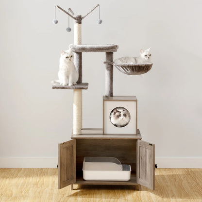 Luxuriöser Katzenturm mit Mehreren Ebenen, Hängematte, Kletterbaum und Spielzeug, Kratzbaum in Grau - Unique Outlet