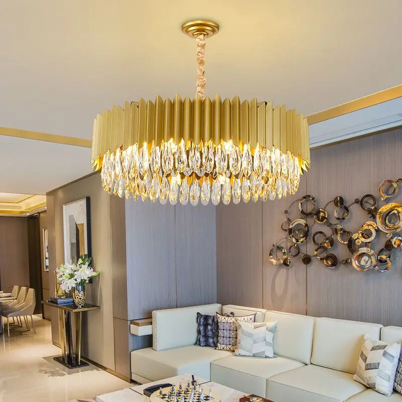 Nordischer Luxus-LED-Kristall-Kronleuchter, Runde Hängelampe in Schwarz und Gold, Dekorative Beleuchtung für Wohnzimmer, Esszimmer, Schlafzimmer und Hotellobbys - Unique Outlet