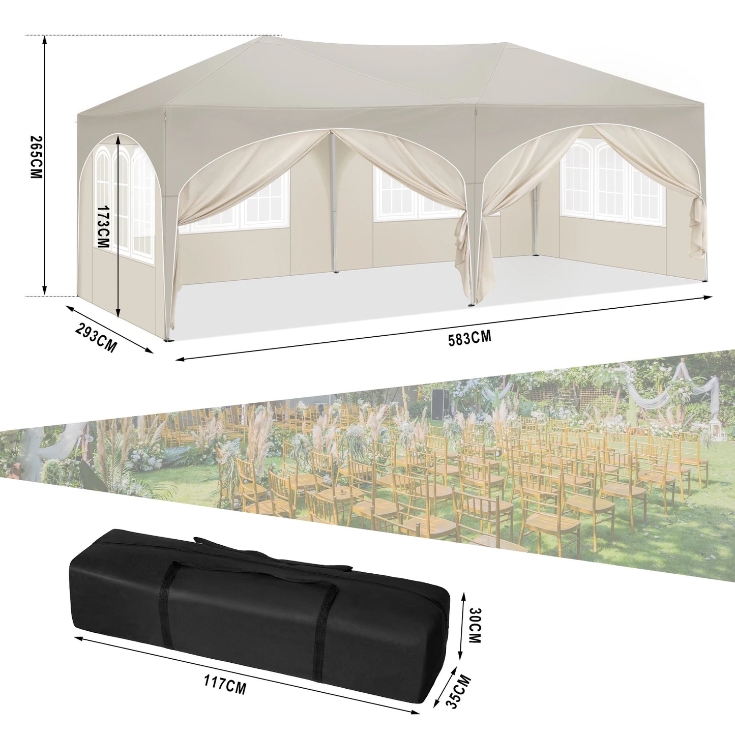3x6m Faltbarer Pavillon mit 6 Seitenwänden - Verstellbare Höhe, Wasserdicht und UV-Schutz, Partyzelt mit Tragetasche - Unique Outlet