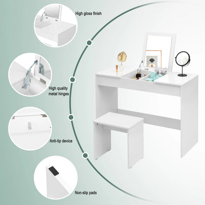 Weißer Schminktisch-Set mit Klappbarem Spiegel und Hocker - Hochglanz Kosmetiktisch für Schlafzimmer - Unique Outlet