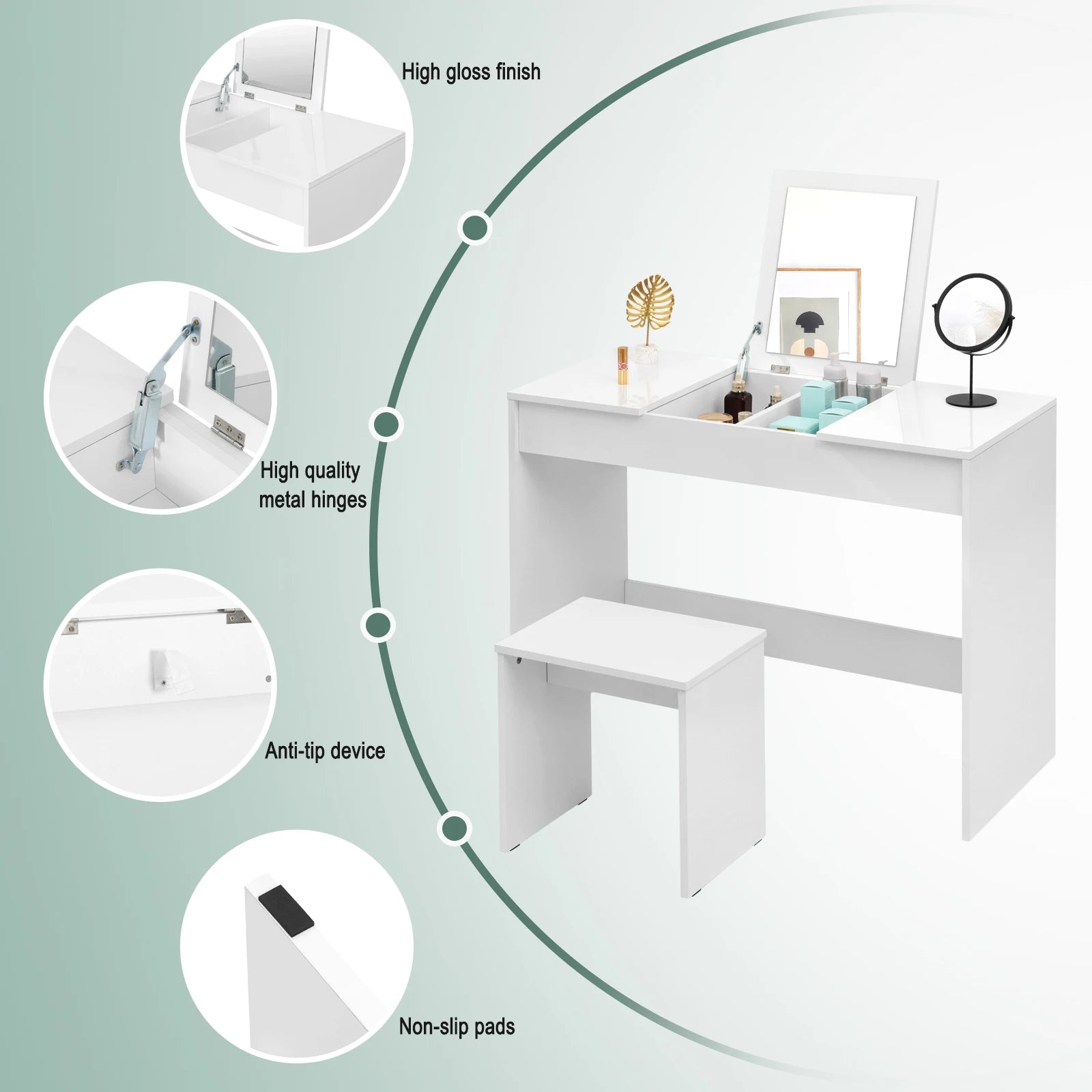 Weißer Schminktisch-Set mit Klappbarem Spiegel und Hocker - Hochglanz Kosmetiktisch für Schlafzimmer - Unique Outlet