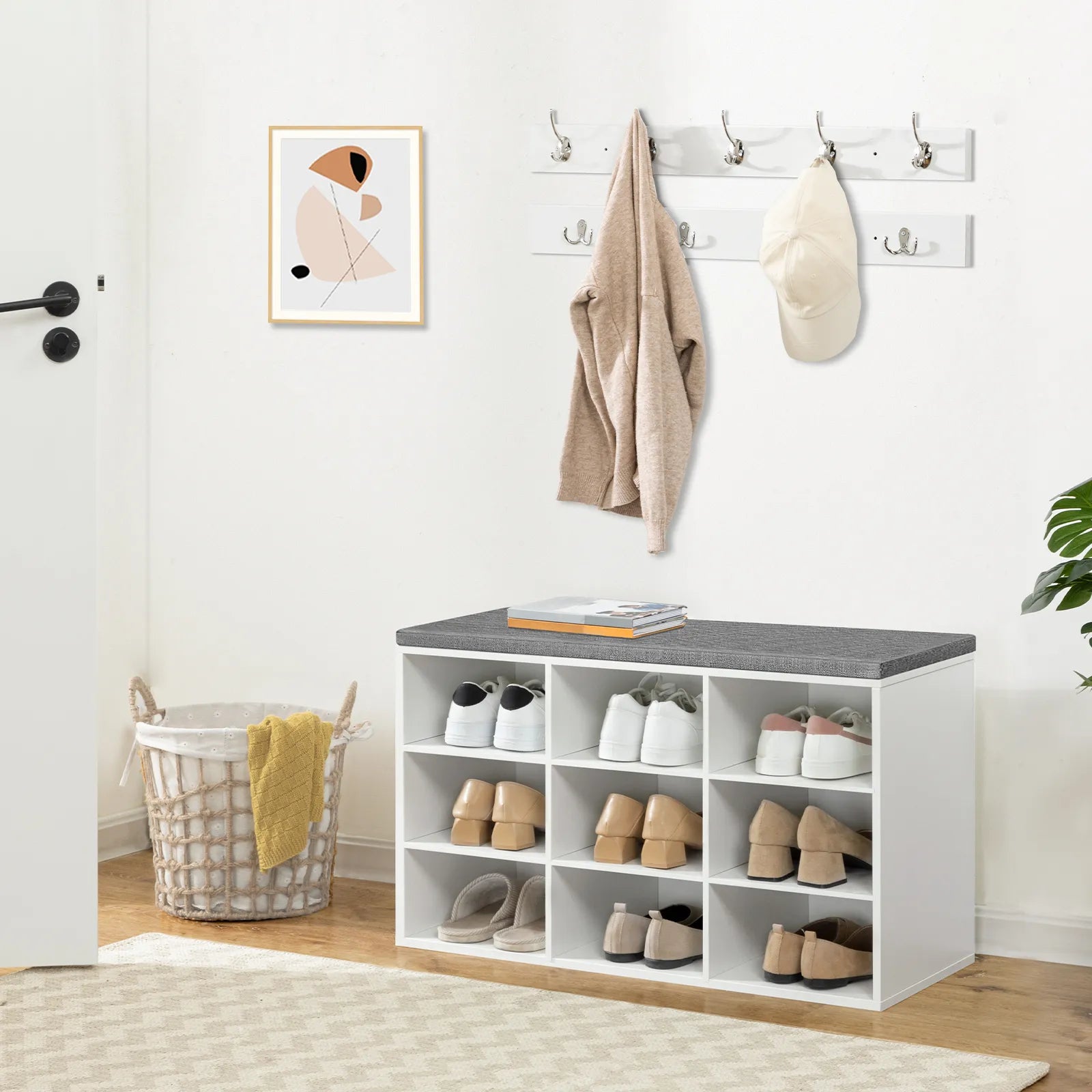 Moderner Garderobenschuhregal-Set mit Gepolsterter Sitzbank und Wandgarderobe, 9 Fächer & Haken, in Weiß - Unique Outlet