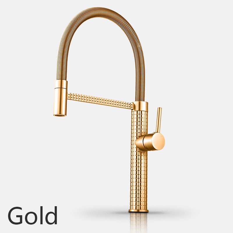 Luxus Küchenarmatur in Gold, Drehbar mit Feder, Heiß- und Kaltwasser-Mischbatterie inkl. Zubehör - Unique Outlet