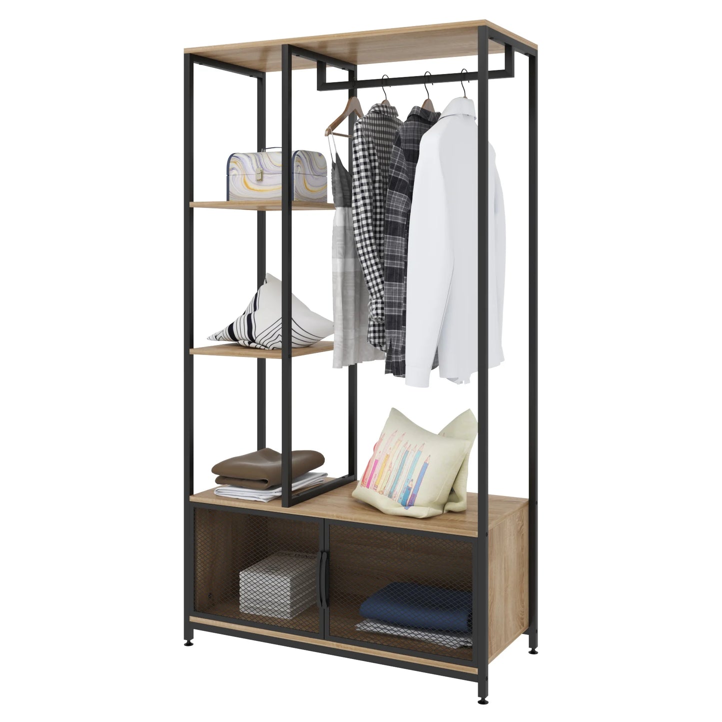 Kleiderständer mit Aufbewahrungsschrank - Stehender Garderobenständer aus Holz und Metall für Schlafzimmer - Unique Outlet