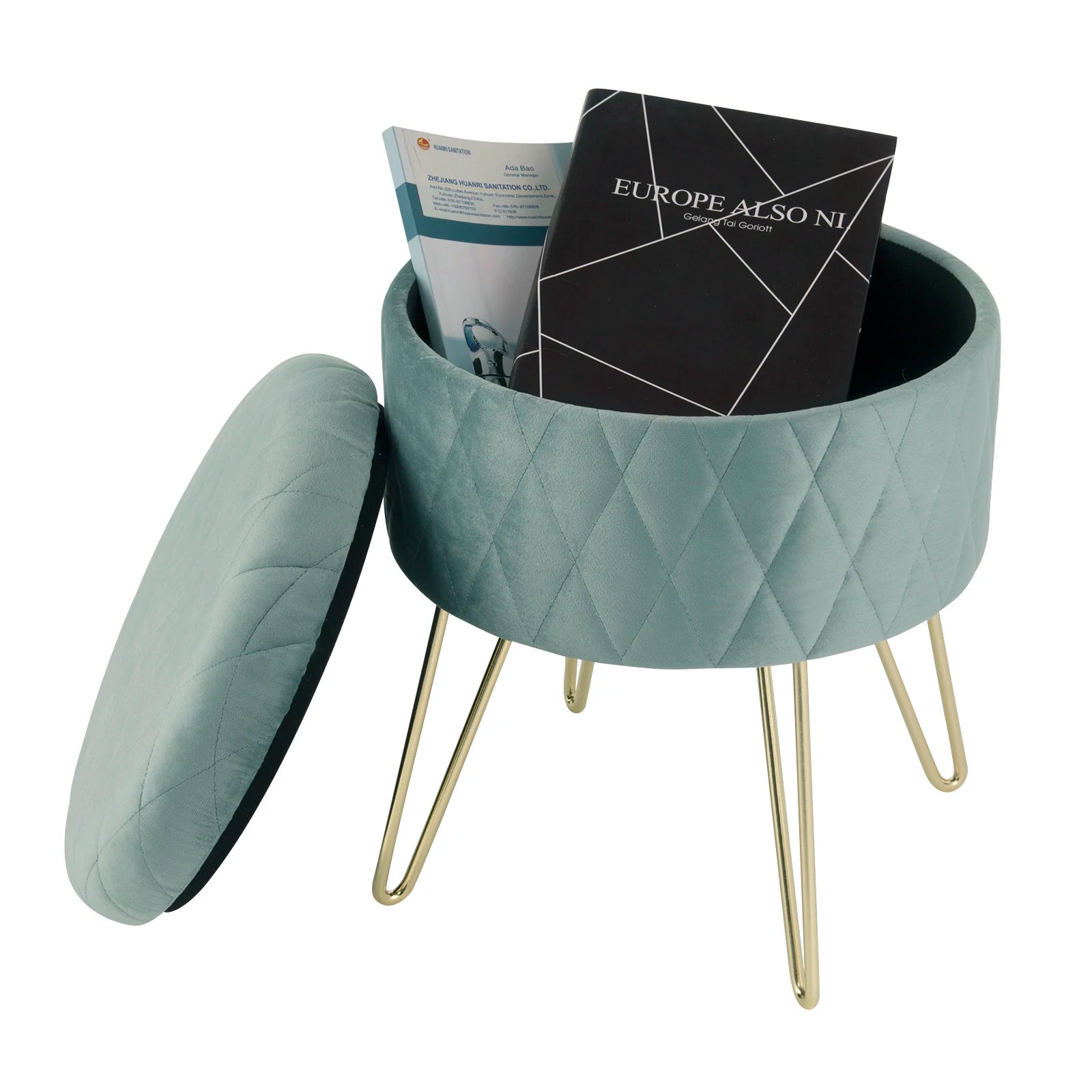 Samt-Puff Hocker mit Stauraum und Deckel - Rund, mit goldenen Metallfüßen für Sofa und Schlafzimmer - Unique Outlet
