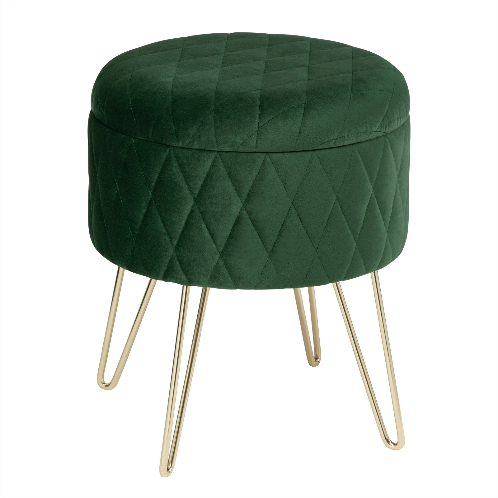 Samt-Puff Hocker mit Stauraum und Deckel - Rund, mit goldenen Metallfüßen für Sofa und Schlafzimmer - Unique Outlet