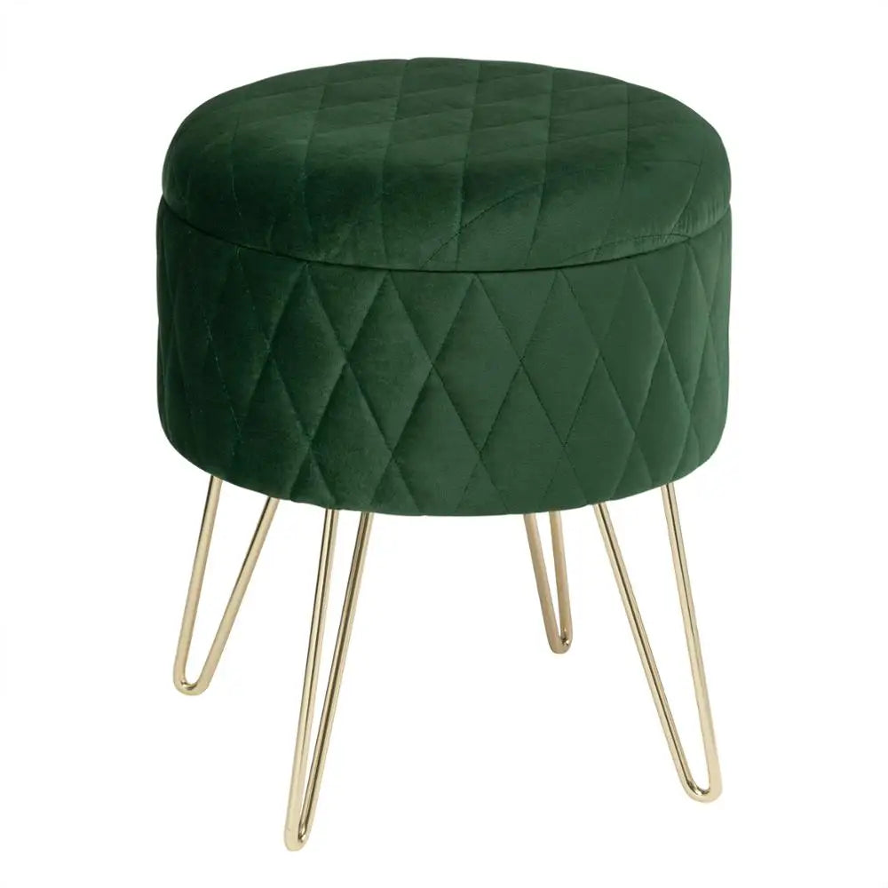 Samt-Puff Hocker mit Stauraum und Deckel - Rund, mit goldenen Metallfüßen für Sofa und Schlafzimmer - Unique Outlet