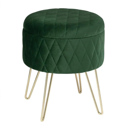 Samt-Puff Hocker mit Stauraum und Deckel - Rund, mit goldenen Metallfüßen für Sofa und Schlafzimmer - Unique Outlet