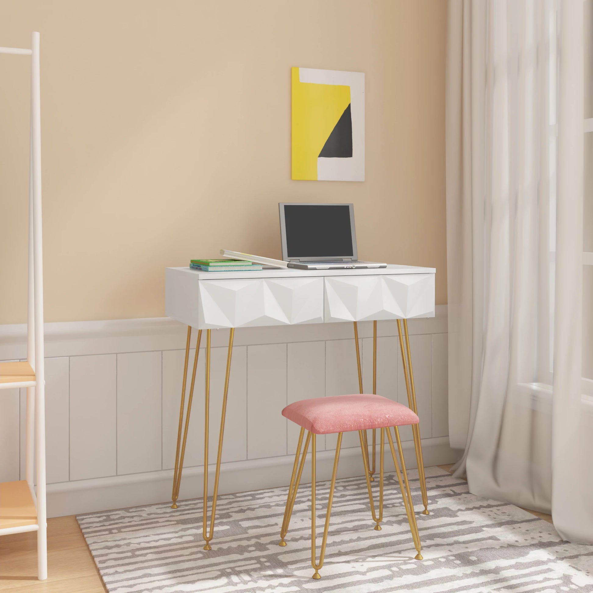 Schminktisch mit Hocker und Spiegel - Kosmetiktisch mit 3D-Effekt Schubladen, Schmuck- und Make-up-Organizer für Schlafzimmer - Unique Outlet