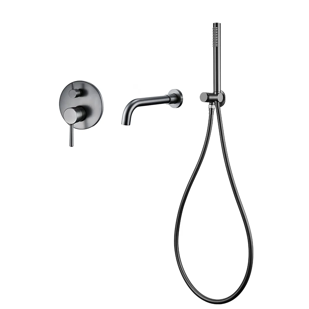 Wannenmischer-Set mit Handbrause – Heiß- und Kaltwasserarmatur für das Badezimmer in Gebürstetem Edelstahl mit Wandmontage-Auslauf und Handbrauseschlauch - Unique Outlet