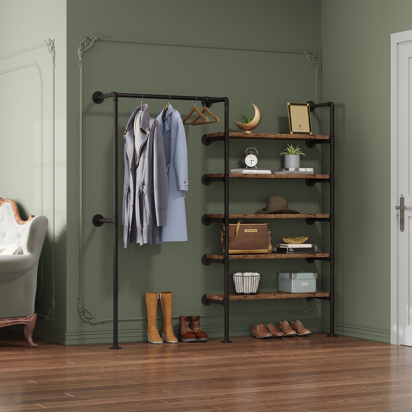 Kleiderständer Garderobe Vintage Industrial Wandmontierter Kleiderständer Stahlrohr MDF Kleidungsgeschäft Ausstellungsregal - Unique Outlet