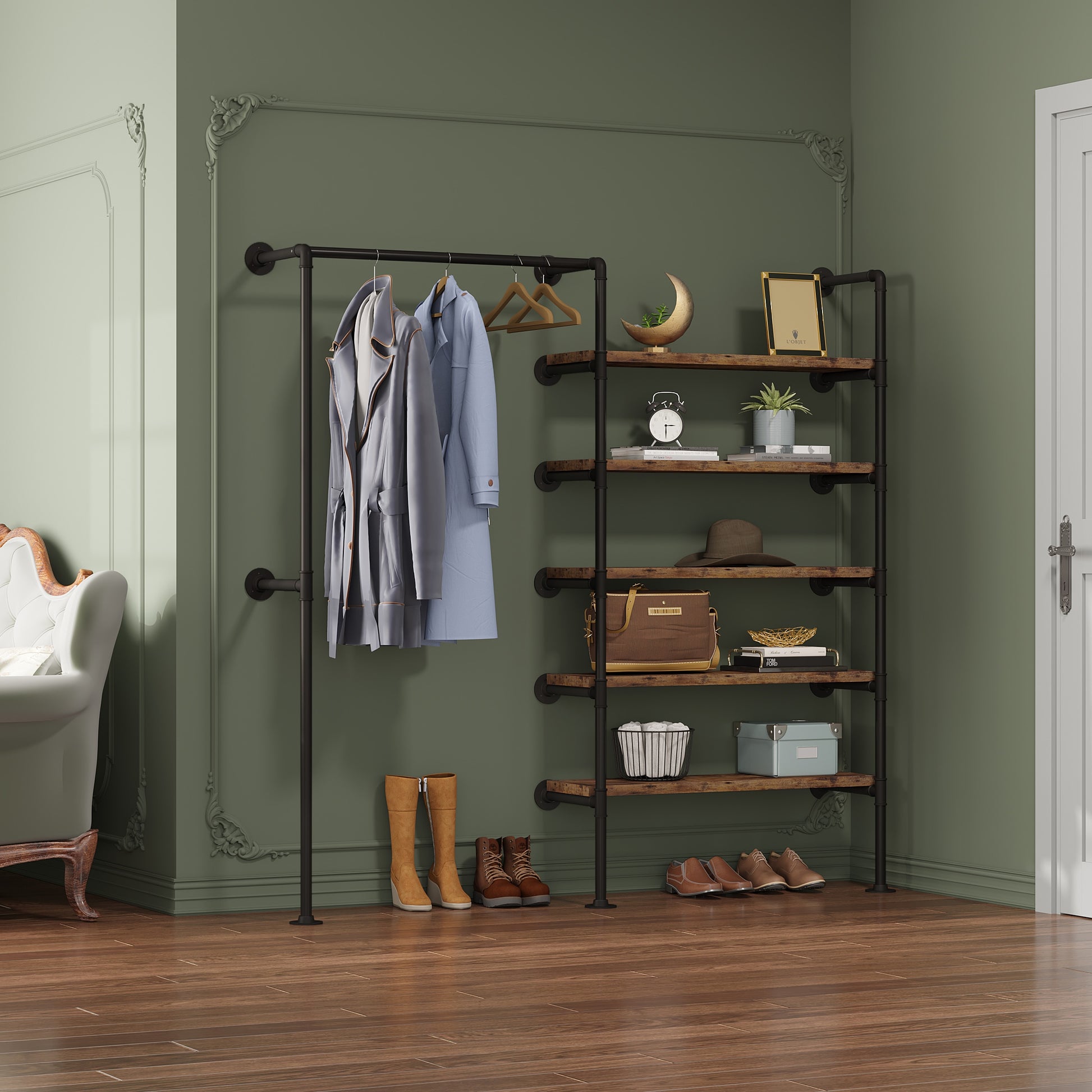 Kleiderständer Garderobe Vintage Industrial Wandmontierter Kleiderständer Stahlrohr MDF Kleidungsgeschäft Ausstellungsregal - Unique Outlet