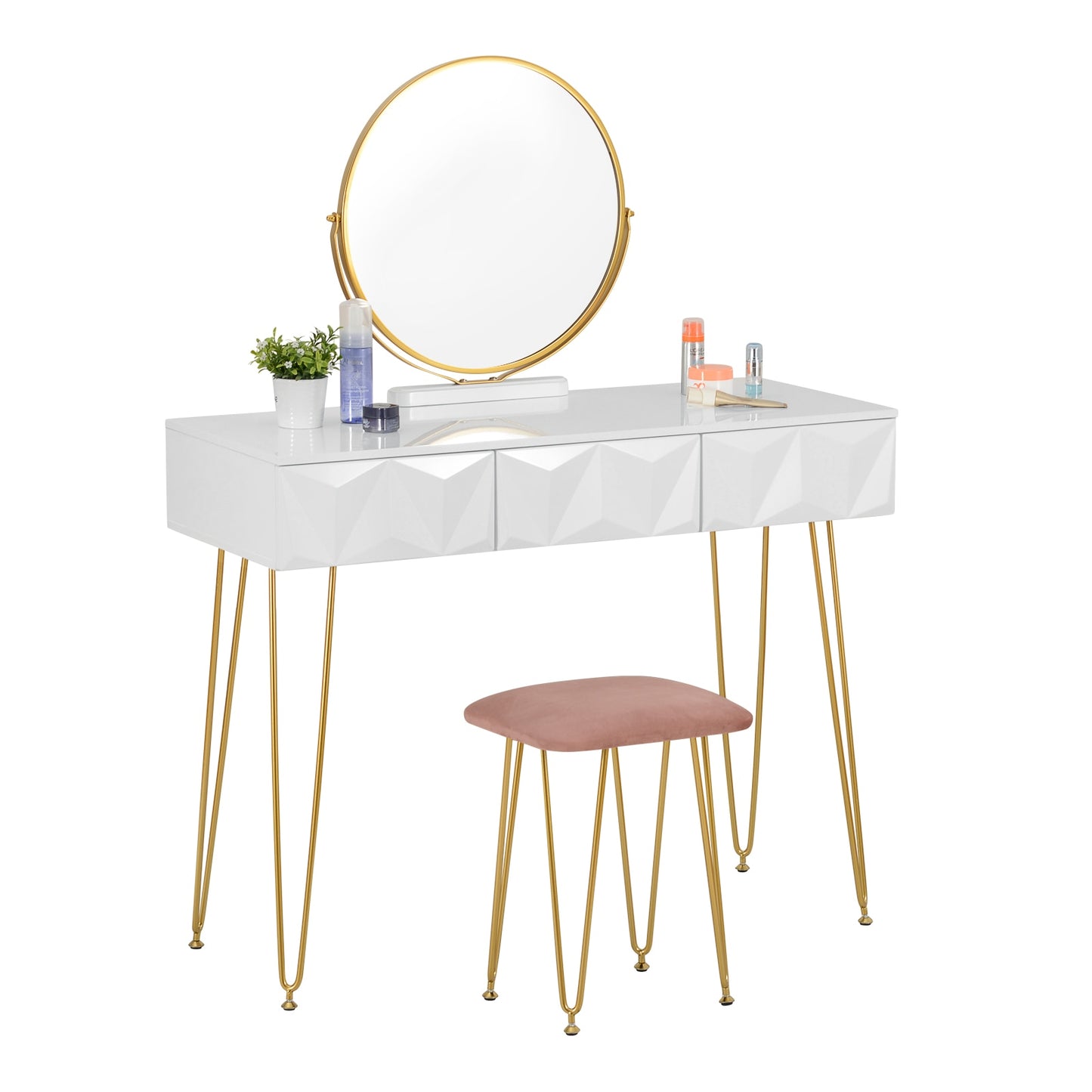 Schminktisch mit 360° drehbarem Spiegel, samtbezogenem Hocker, Make-up-Kosmetiktisch mit 3 Schubladen und 3D-Effekt für das Schlafzimmer weiß gold - Unique Outlet