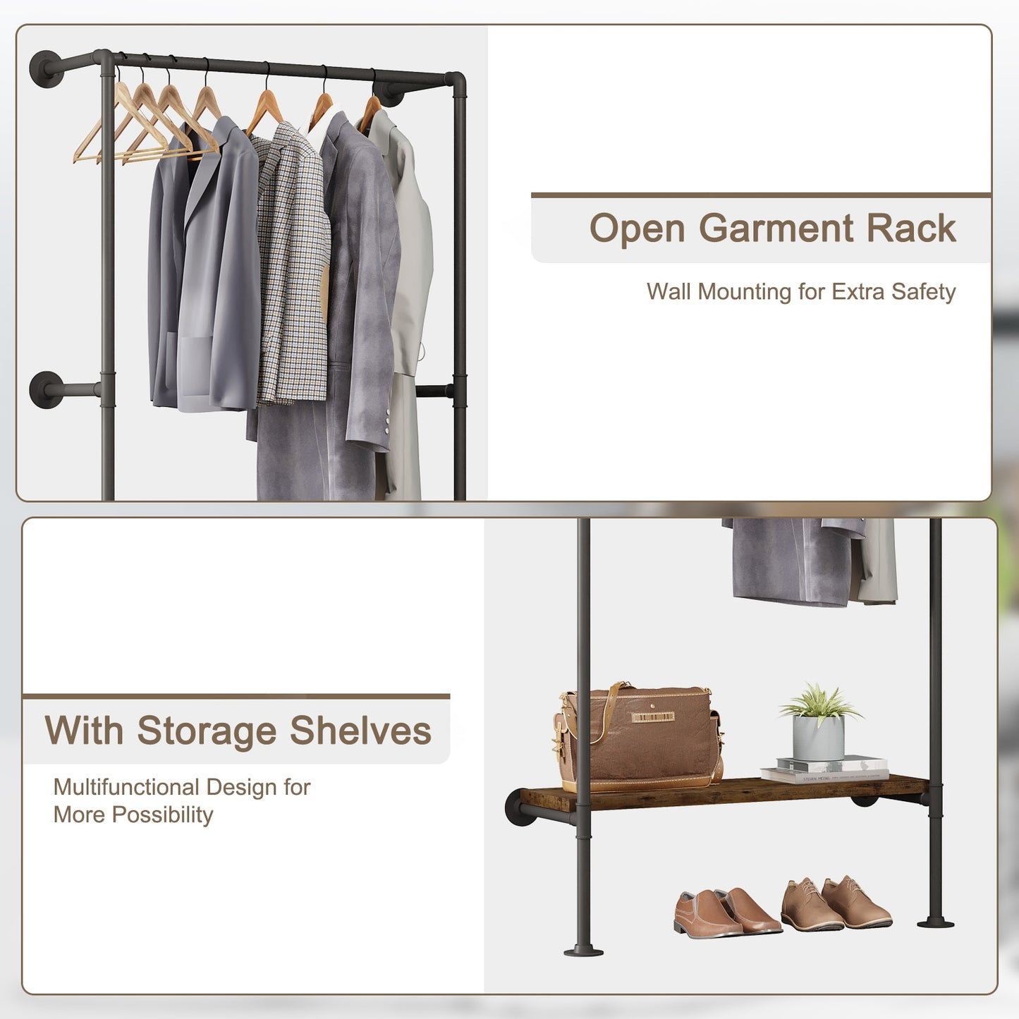 Industrieller Garderobenständer mit MDF Regal, Platzsparende Wandgarderobe mit Schuhregal und Kleiderstange, Vintage-Stil Kleideraufbewahrung bis 100kg - Unique Outlet