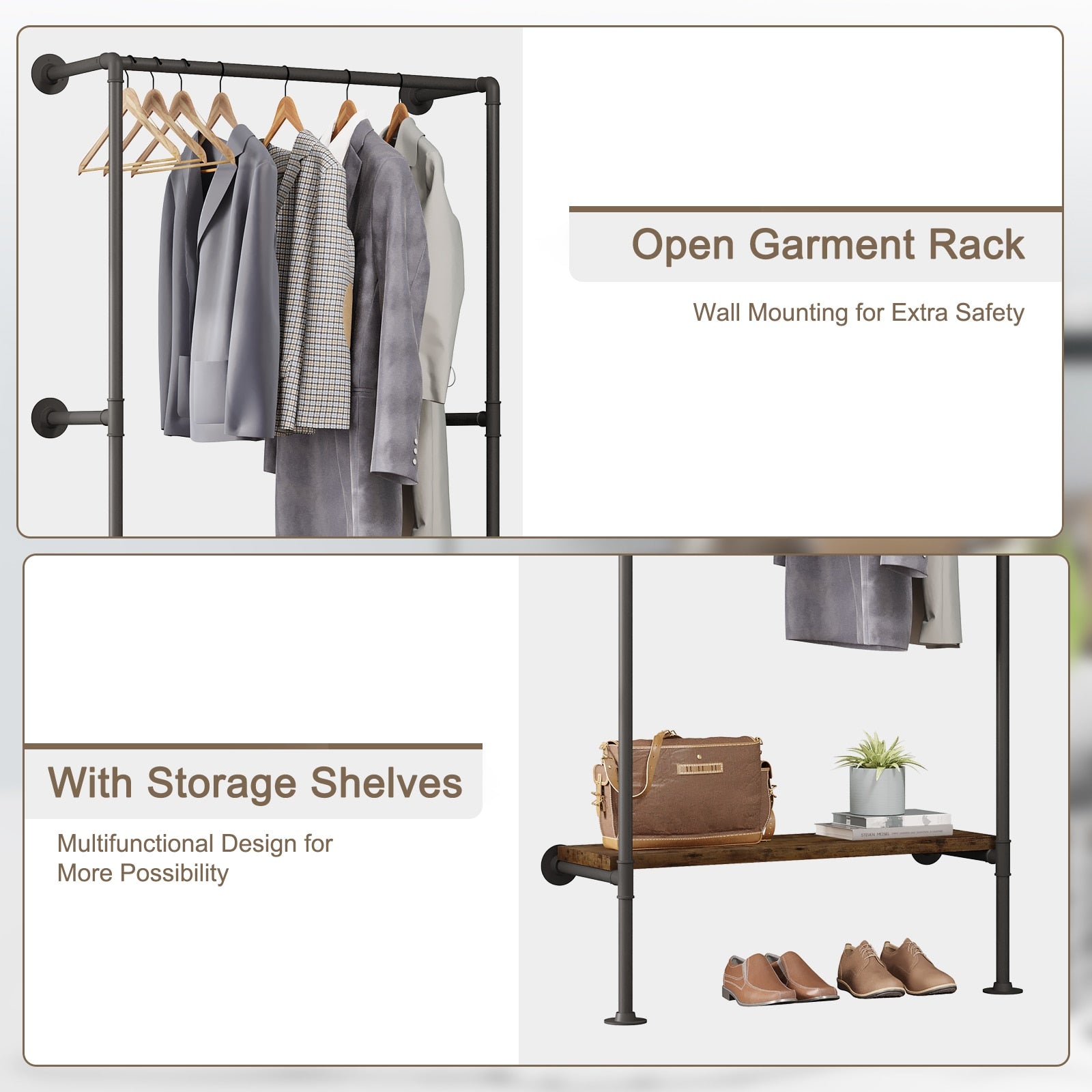 Industrieller Garderobenständer mit MDF Regal, Platzsparende Wandgarderobe mit Schuhregal und Kleiderstange, Vintage-Stil Kleideraufbewahrung bis 100kg - Unique Outlet