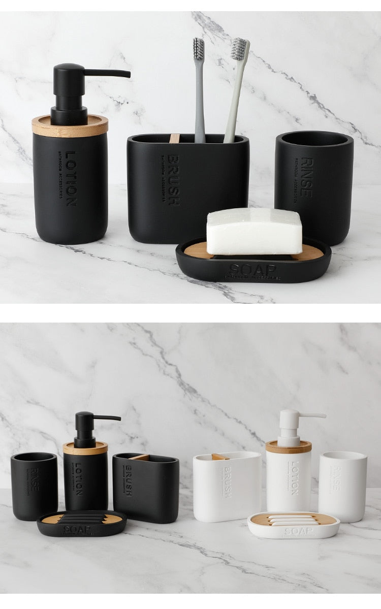 Bad-Accessoires Set oder einzeln Seife Lotion Dispenser Zahnbürstenhalter Seifenschale Becher Pumpe Flasche Tasse Holz Schwarz oder Weiß - Unique Outlet