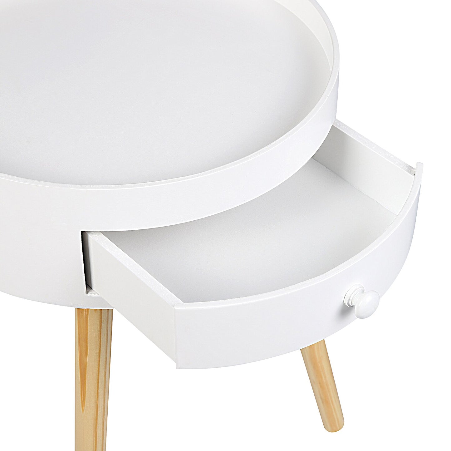 Kleiner runder Beistelltisch mit Schublade für Wohn- oder Schlafzimmer, weiß. - Unique Outlet