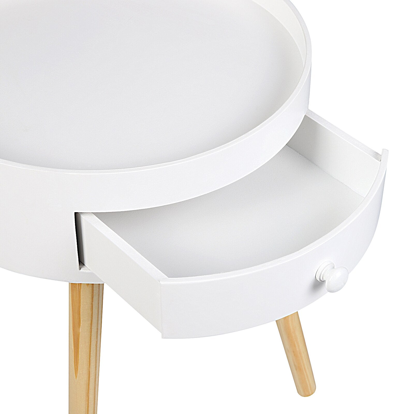 Kleiner runder Beistelltisch mit Schublade für Wohn- oder Schlafzimmer, weiß. - Unique Outlet