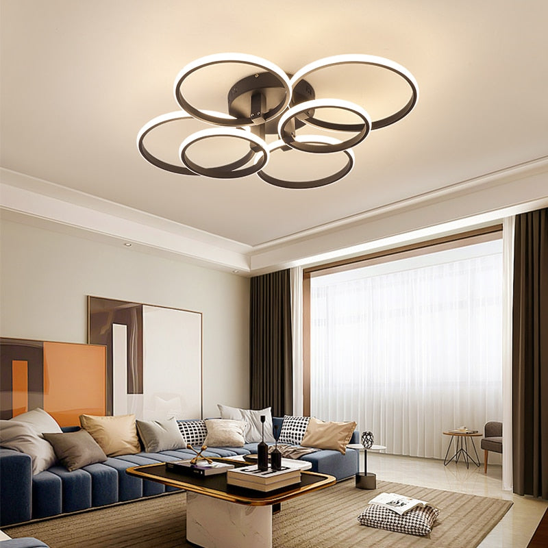 8/6/4 Kreisringe Moderne LED-Kronleuchter für Wohnzimmer, Schlafzimmer und Arbeitszimmer, Mattschwarz/Weiß, Deckenleuchten - Unique Outlet