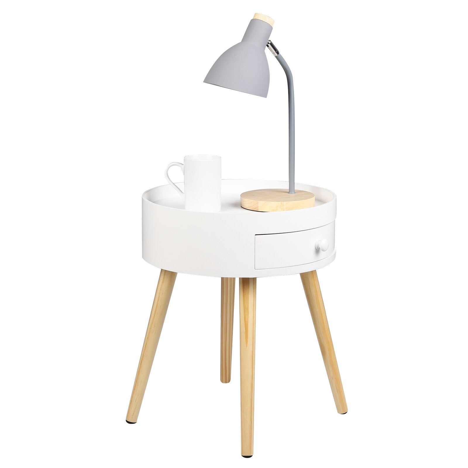 Kleiner runder Beistelltisch mit Schublade für Wohn- oder Schlafzimmer, weiß. - Unique Outlet