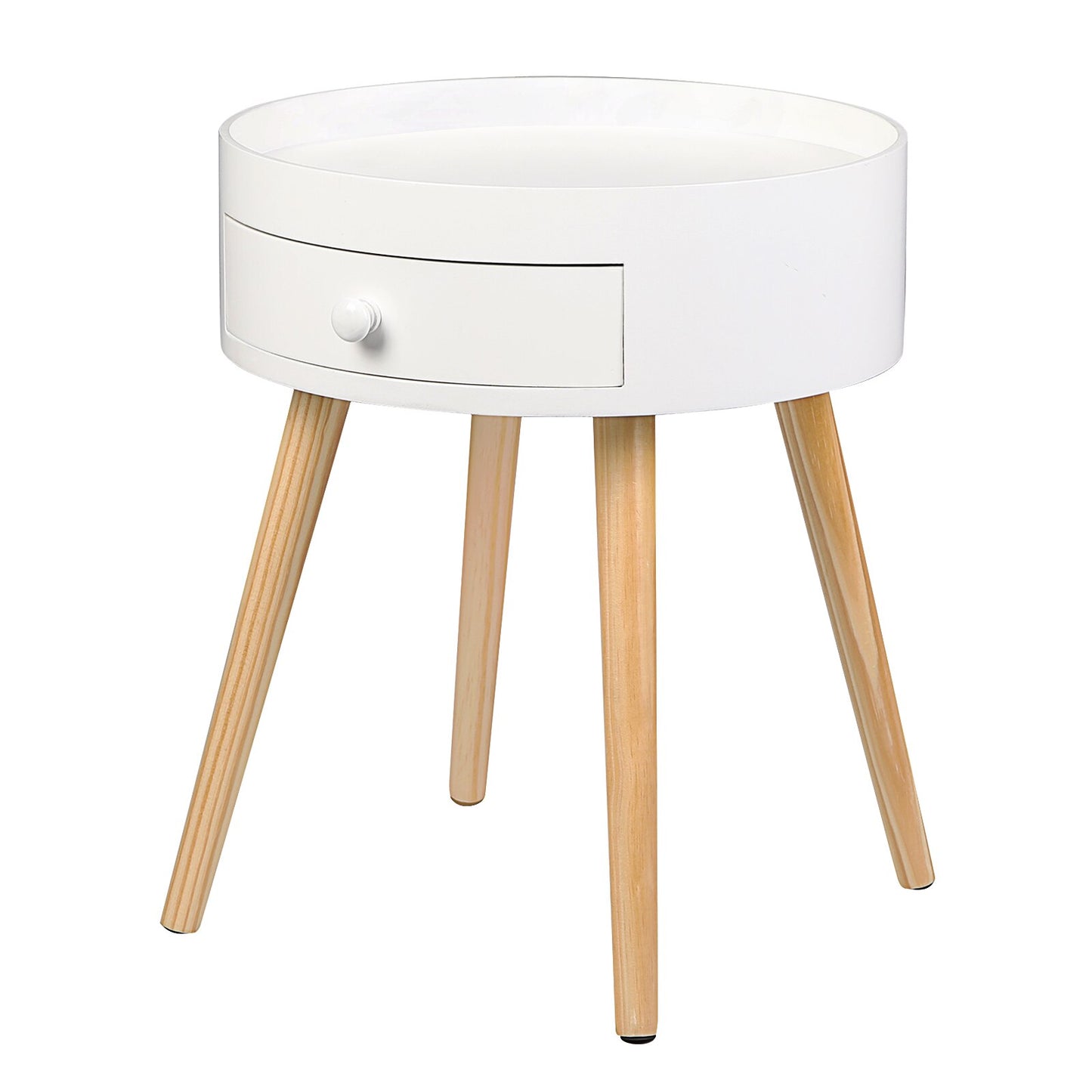 Kleiner runder Beistelltisch mit Schublade für Wohn- oder Schlafzimmer, weiß. - Unique Outlet