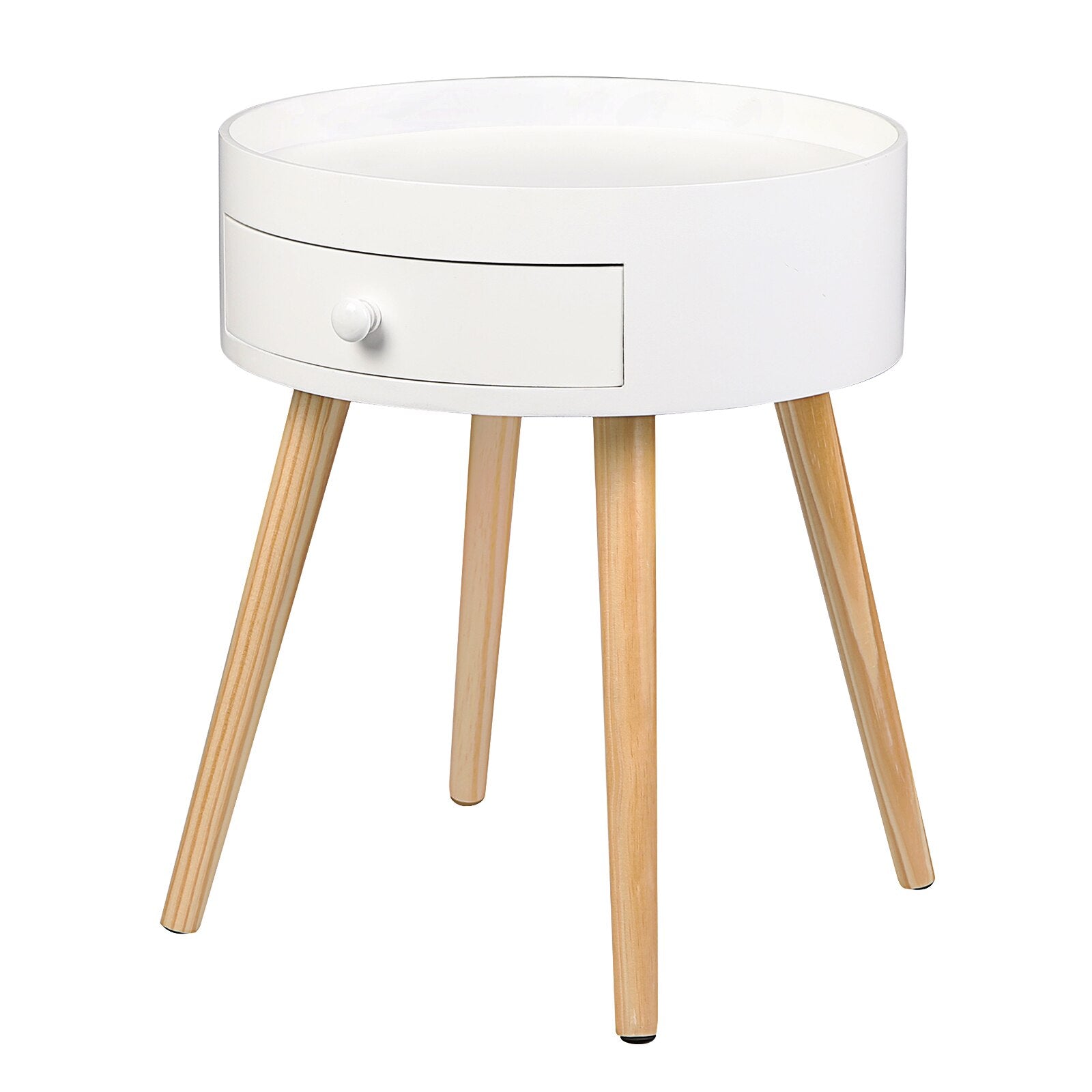 Kleiner runder Beistelltisch mit Schublade für Wohn- oder Schlafzimmer, weiß. - Unique Outlet