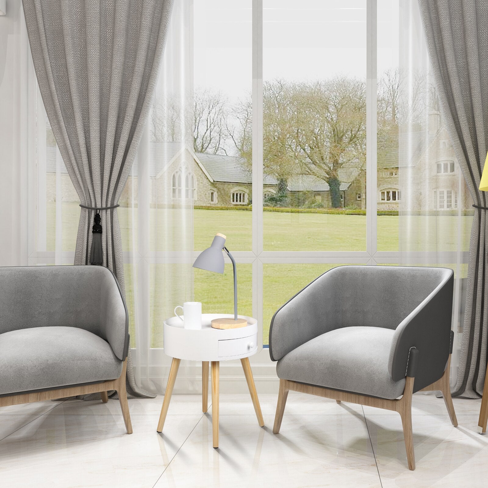 Kleiner runder Beistelltisch mit Schublade für Wohn- oder Schlafzimmer, weiß. - Unique Outlet