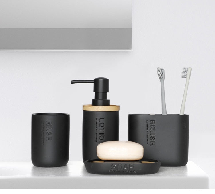 Bad-Accessoires Set oder einzeln Seife Lotion Dispenser Zahnbürstenhalter Seifenschale Becher Pumpe Flasche Tasse Holz Schwarz oder Weiß - Unique Outlet