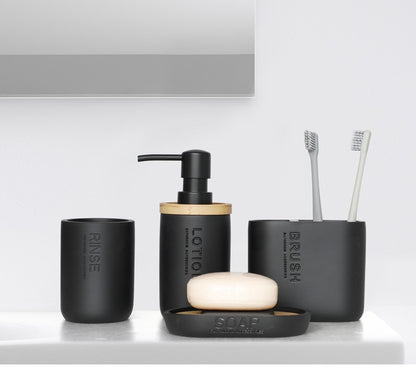 Bad-Accessoires Set oder einzeln Seife Lotion Dispenser Zahnbürstenhalter Seifenschale Becher Pumpe Flasche Tasse Holz Schwarz oder Weiß - Unique Outlet