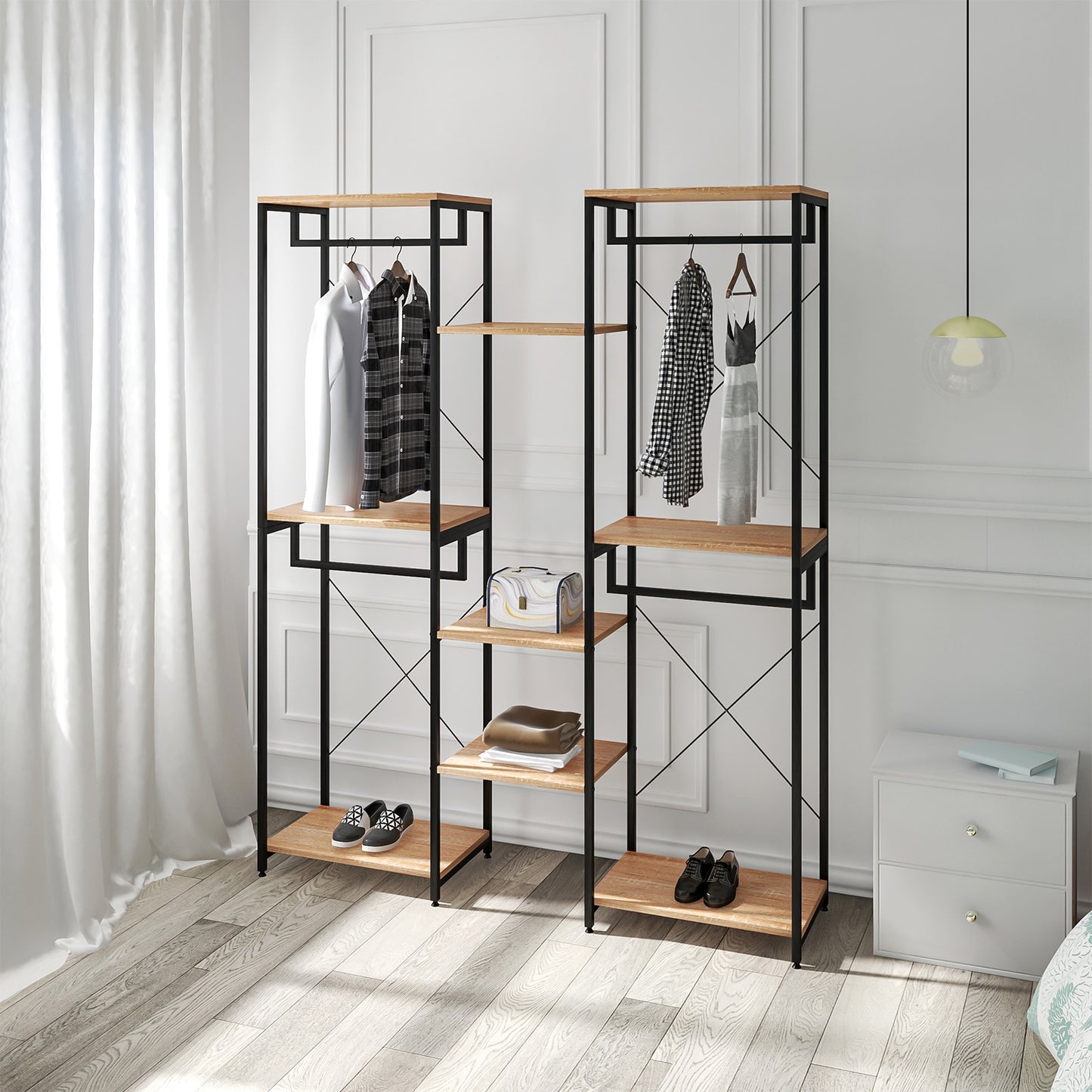 Kleiderschrank mit Kleiderstange und 7 Regale, inklusive Schuhregal - Multifunktionale Kleidungsaufbewahrung für Schlafzimmer und Wohnzimmer - Unique Outlet