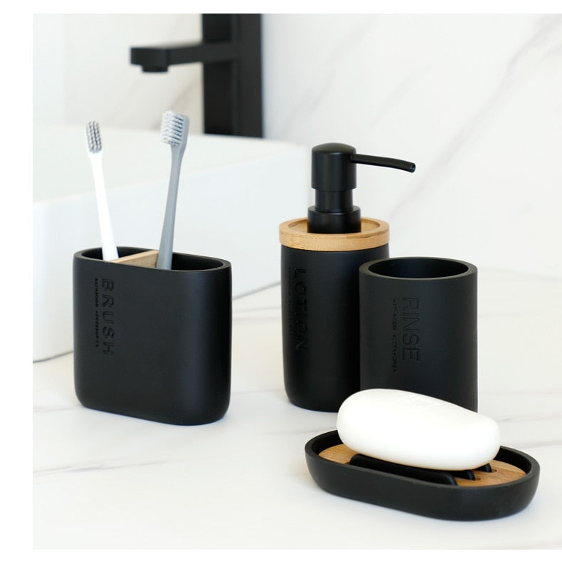 Bad-Accessoires Set oder einzeln Seife Lotion Dispenser Zahnbürstenhalter Seifenschale Becher Pumpe Flasche Tasse Holz Schwarz oder Weiß - Unique Outlet