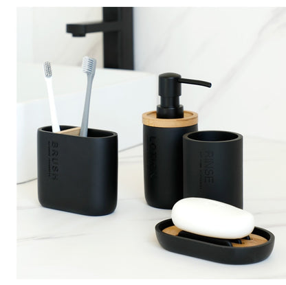 Bad-Accessoires Set oder einzeln Seife Lotion Dispenser Zahnbürstenhalter Seifenschale Becher Pumpe Flasche Tasse Holz Schwarz oder Weiß - Unique Outlet