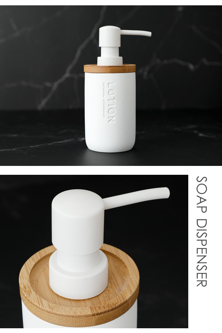 Bad-Accessoires Set oder einzeln Seife Lotion Dispenser Zahnbürstenhalter Seifenschale Becher Pumpe Flasche Tasse Holz Schwarz oder Weiß - Unique Outlet
