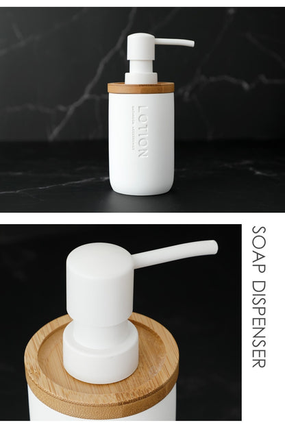 Bad-Accessoires Set oder einzeln Seife Lotion Dispenser Zahnbürstenhalter Seifenschale Becher Pumpe Flasche Tasse Holz Schwarz oder Weiß - Unique Outlet