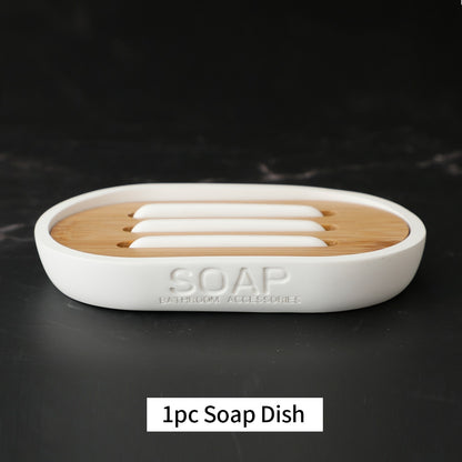 Bad-Accessoires Set oder einzeln Seife Lotion Dispenser Zahnbürstenhalter Seifenschale Becher Pumpe Flasche Tasse Holz Schwarz oder Weiß - Unique Outlet