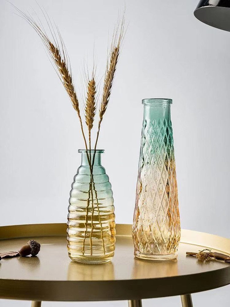 Retro-geprägte transparente dekorative Vase, Wohnzimmer-Farbverlauf, Haus-Blumenarrangement-Dekorationen, hydro-ponische Glasvase - Unique Outlet