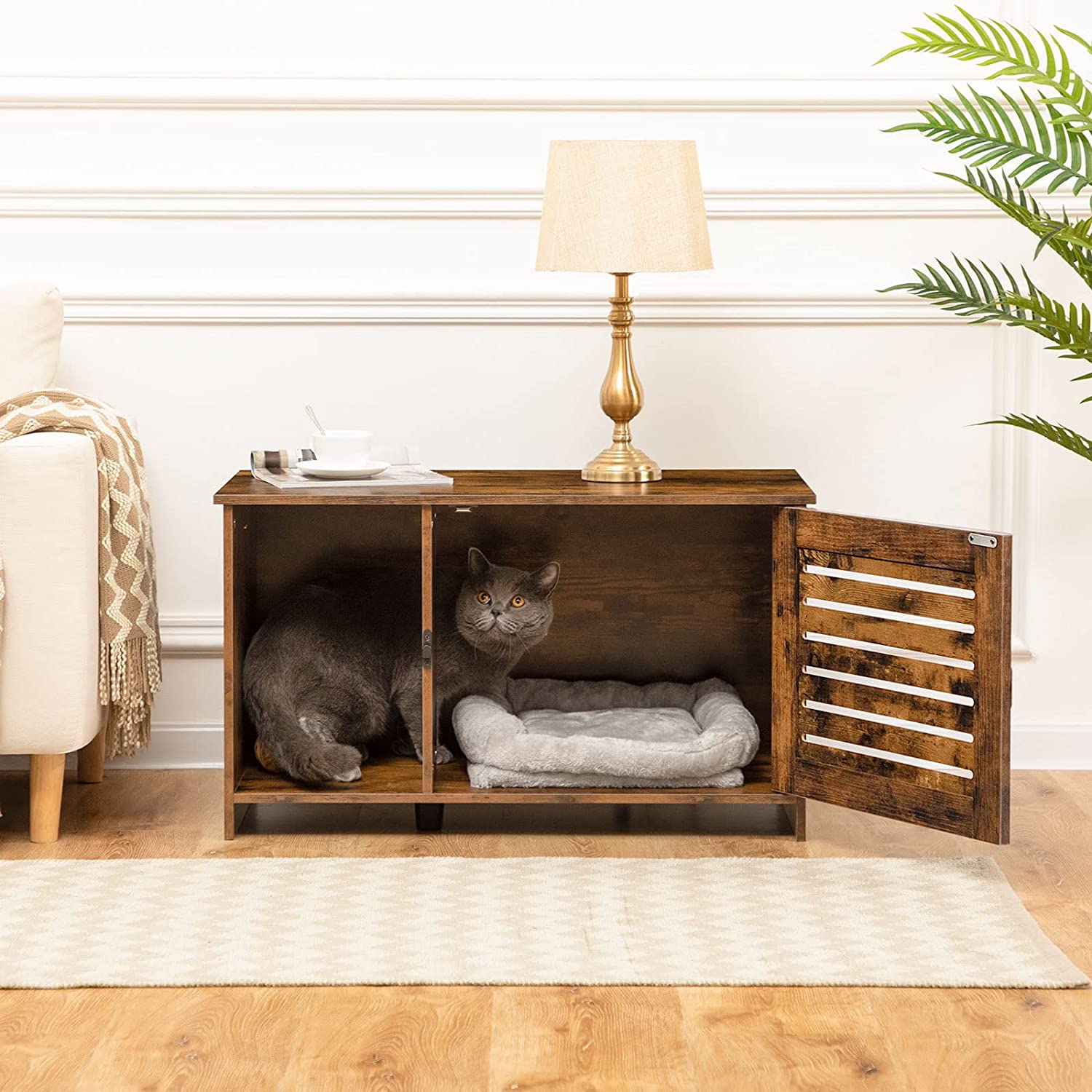 Katzenhaus, geräumiges verstecktes Klo-Kabinett mit Lamellentür, indoor-Katzenklo-Aufbewahrung, große Holz-Haustiermöbel - Unique Outlet