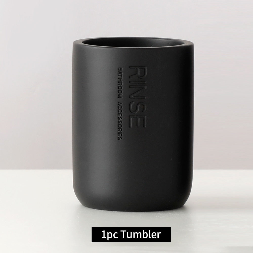 Bad-Accessoires Set oder einzeln Seife Lotion Dispenser Zahnbürstenhalter Seifenschale Becher Pumpe Flasche Tasse Holz Schwarz oder Weiß - Unique Outlet
