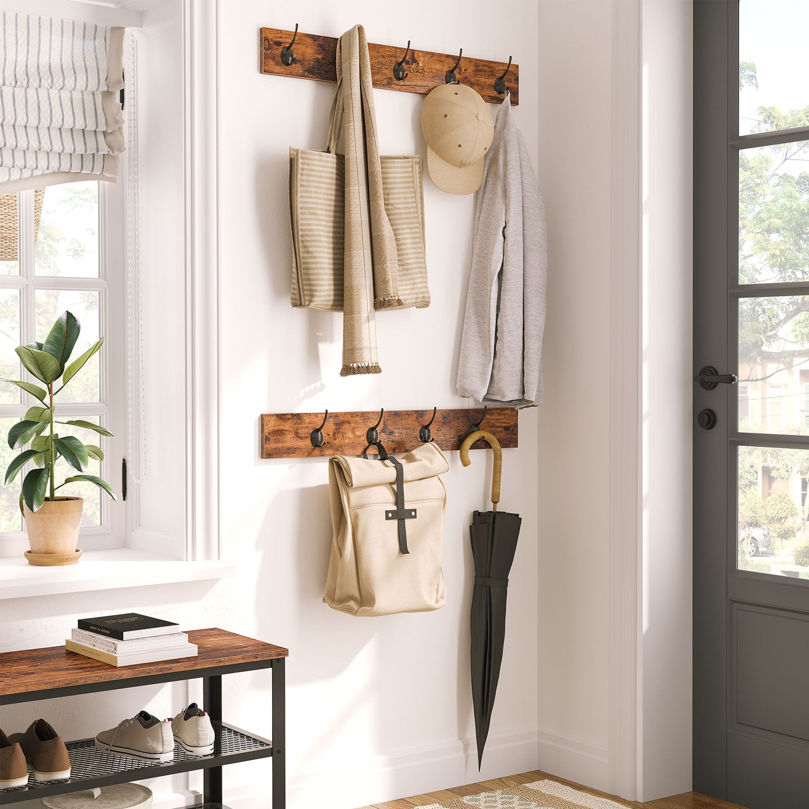 Flurbank im 3-in-1-Design, Eingangsbank mit Aufbewahrung und 9 Jackenhaken - Unique Outlet