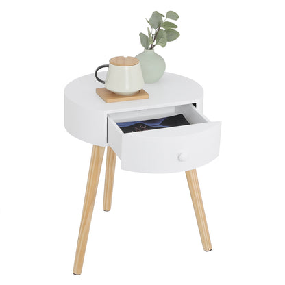 Runder weißer Nachttisch mit Schublade und Pine-Beinen, Beistelltisch für Wohnzimmer, Schlafzimmer und Zuhause - Unique Outlet