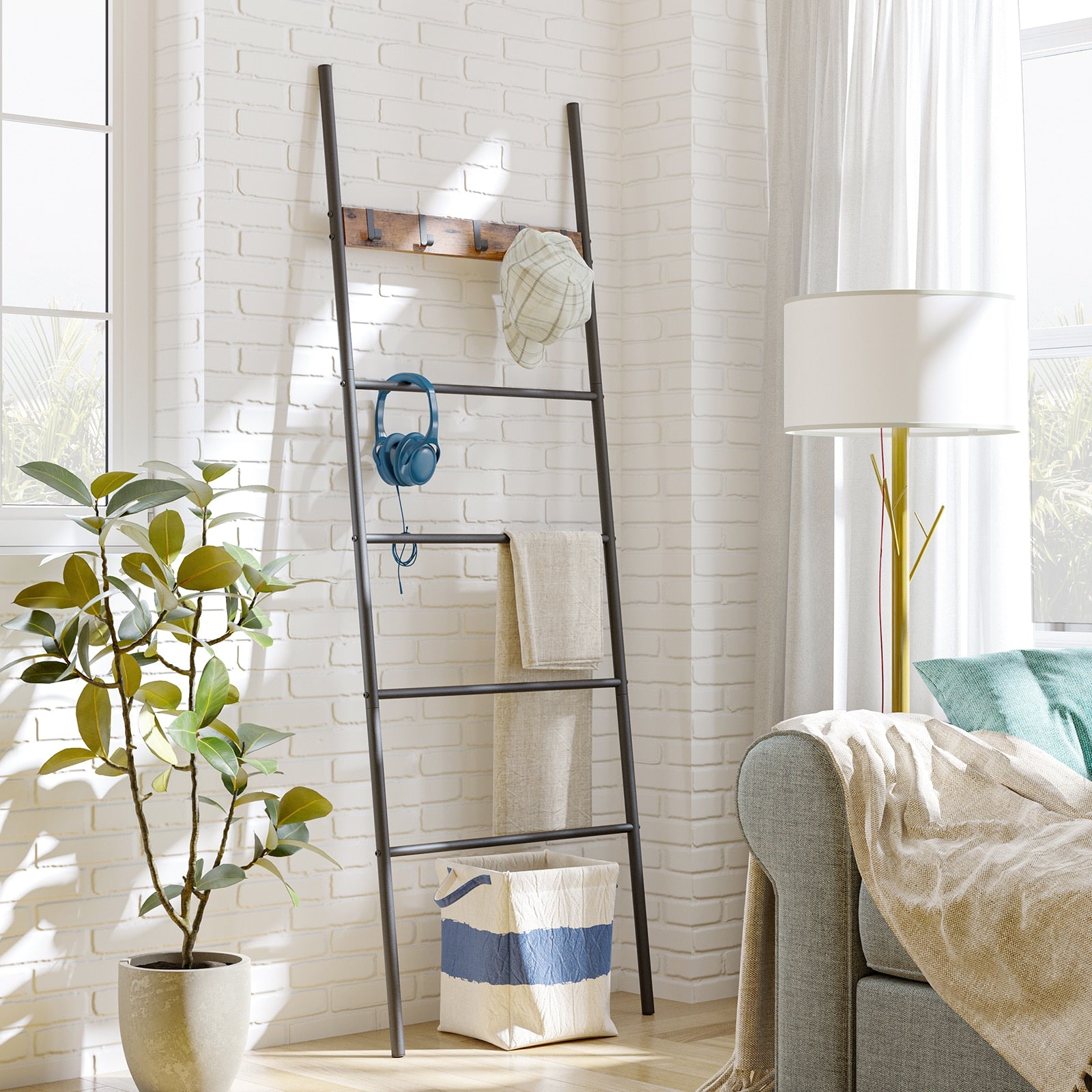 Handtuch-Decke-Leiter, 5-Etagen-Handtuchleiter, Quilts-Ständer mit 5 abnehmbaren Haken, Handtuch-Trocken- und Display-Ständer für Badezimmer - Unique Outlet