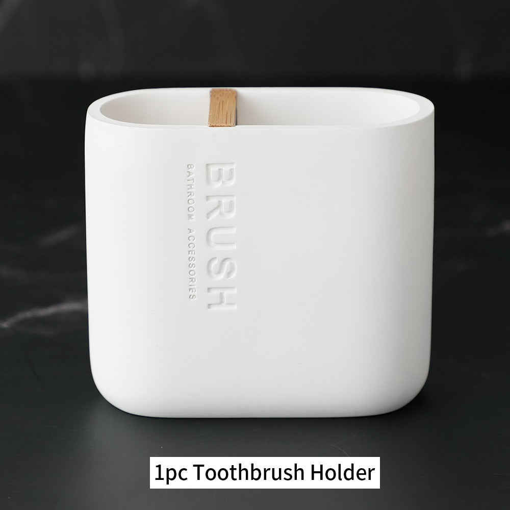 Bad-Accessoires Set oder einzeln Seife Lotion Dispenser Zahnbürstenhalter Seifenschale Becher Pumpe Flasche Tasse Holz Schwarz oder Weiß - Unique Outlet